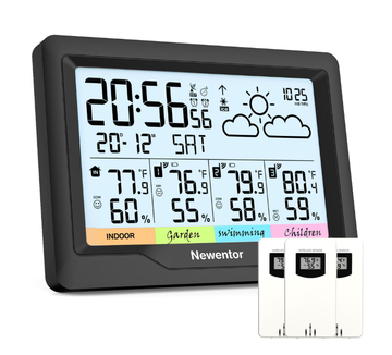 Newentor 6" Digital Display Weather Station for Home with 3 Outdoor Sensors, Indoor Outdoor Thermometer, Black