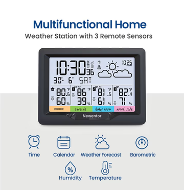 Newentor 6" Digital Display Weather Station for Home with 3 Outdoor Sensors, Indoor Outdoor Thermometer, Black