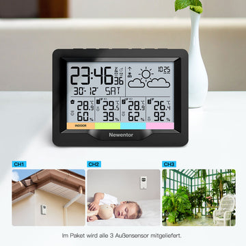 Newentor Weather Station Wireless Indoor Outdoor Multiple Sensors, Thermometer with Atomic Weather Clock, Temperature and Humidity Monitor, Barometer, Weather station for Home