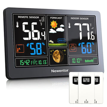 Newentor Weather Station Wireless Indoor Outdoor with 3 Remote Sensors Thermometer, 7.5in Color Digital Weather Thermometer with Atomic Clock, Barometer/Forecast Station