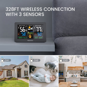 Newentor Weather Station Wireless Indoor Outdoor with 3 Remote Sensors Thermometer, 7.5in Color Digital Weather Thermometer with Atomic Clock, Barometer/Forecast Station