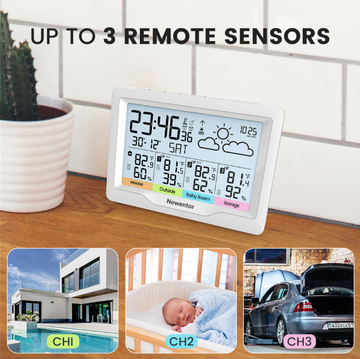 Newentor 6" Digital Display Weather Station for Home with 3 Outdoor Sensors, Indoor Outdoor Thermometer, Black