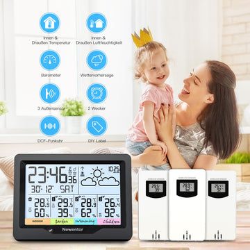 Newentor Weather Station Wireless Indoor Outdoor Multiple Sensors, Thermometer with Atomic Weather Clock, Temperature and Humidity Monitor, Barometer, Weather station for Home