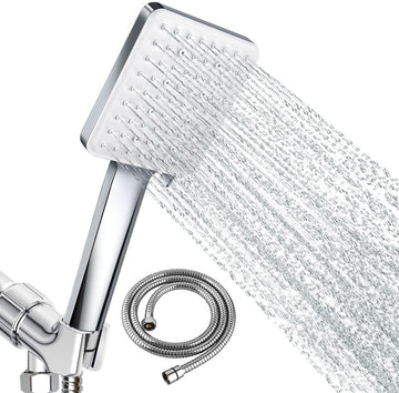 Newentor Handheld High Pressure Shower Head, 6 Spray Modes/Settings Detachable Shower Head, Chrome Finish Square Shower Head with Stainless Steel Hose