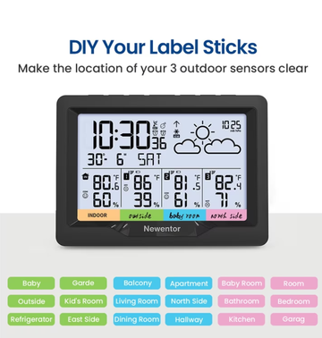 Newentor 6" Digital Display Weather Station for Home with 3 Outdoor Sensors, Indoor Outdoor Thermometer, Black