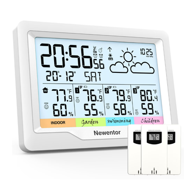 Newentor 6" Digital Display Weather Station for Home with 3 Outdoor Sensors, Indoor Outdoor Thermometer, Black