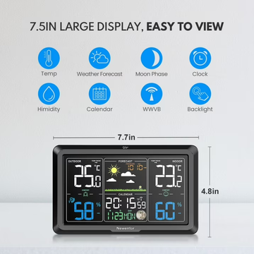 Newentor VA Color Display Digital Weather Station with 1 Sensor, Indoor Outdoor Thermometer with Humidity Monitor, Weather Forecast, Barometric, Moon Phase, and Adjustable Backlight, Black