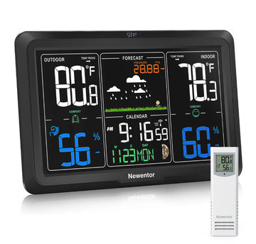Newentor VA Color Display Digital Weather Station with 1 Sensor, Indoor Outdoor Thermometer with Humidity Monitor, Weather Forecast, Barometric, Moon Phase, and Adjustable Backlight, Black