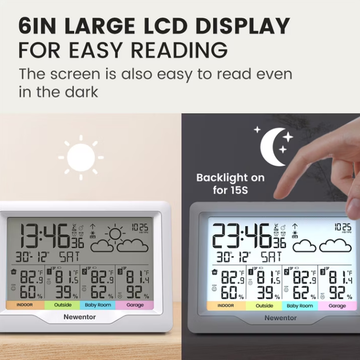 Newentor 6" Digital Display Weather Station for Home with 3 Outdoor Sensors, Indoor Outdoor Thermometer, Black