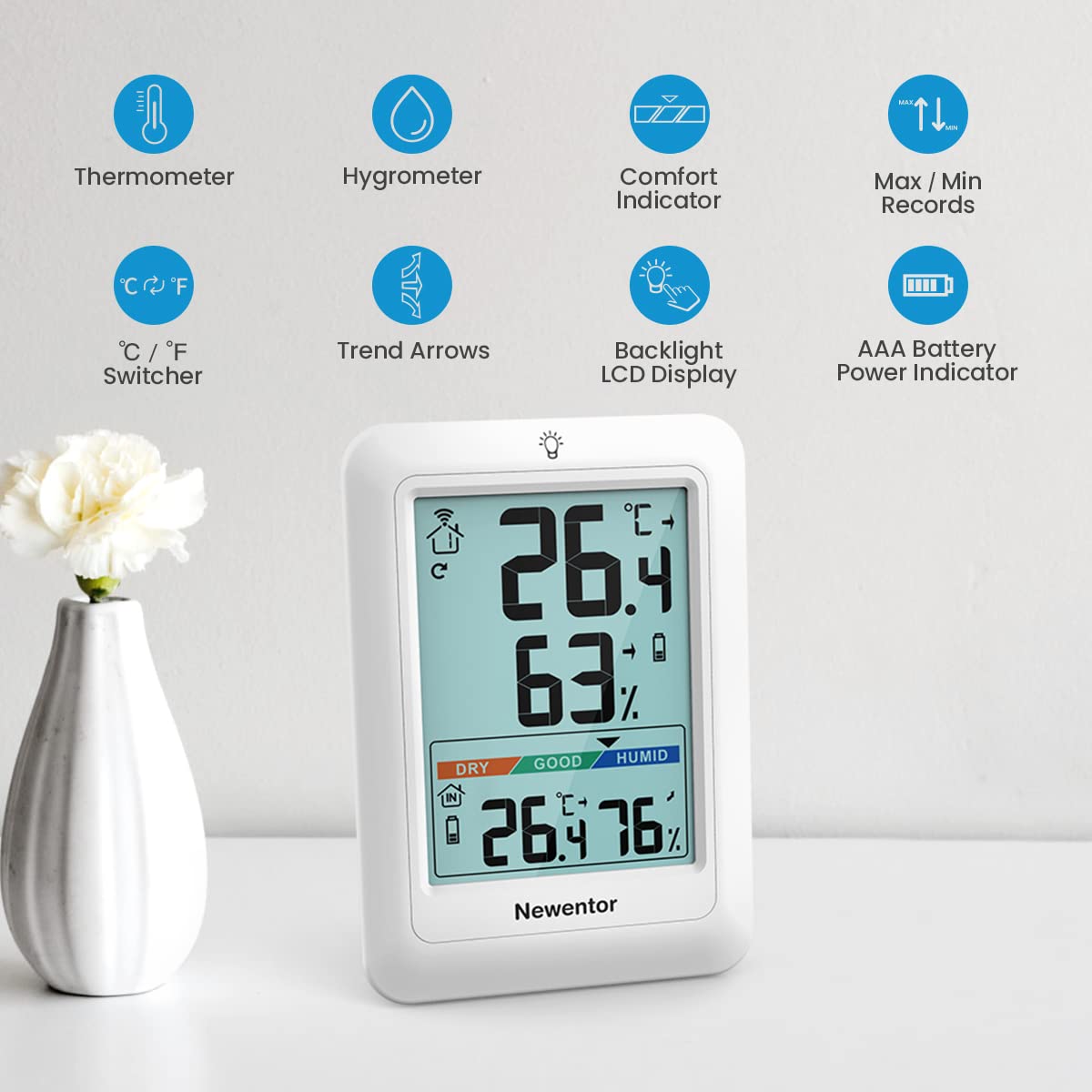 Newentor Indoor Outdoor Thermometer Wireless, Remote Temperature Monitor  Hygrometer, Outside Inside Thermometers with Comfort Indicator, 4 Inch  Screen Humidity Gauge, 328ft Range for Home Patio, White - Yahoo Shopping