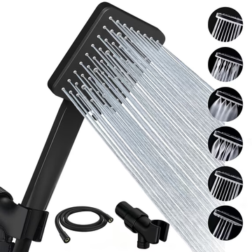 Newentor High Pressure Square Handheld Shower Head with 6 Spray Modes, One-Hand Thumb Control, Self-Cleaning Nozzles, 59" Stainless Steel Hose & Adjustable Bracket, All-in-One Shower Kit, Black