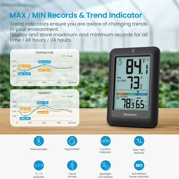 Newentor Portable Indoor Outdoor Thermometer with 3 Remote Sensor, black