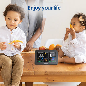 Newentor Wetterstation Funk mit Außensensor - Funkwetterstation mit Wettervorhersage, Temperaturwarnung, DCF Funkuhr - Batteriebetrieb und Netzbetrieb, Schwarz